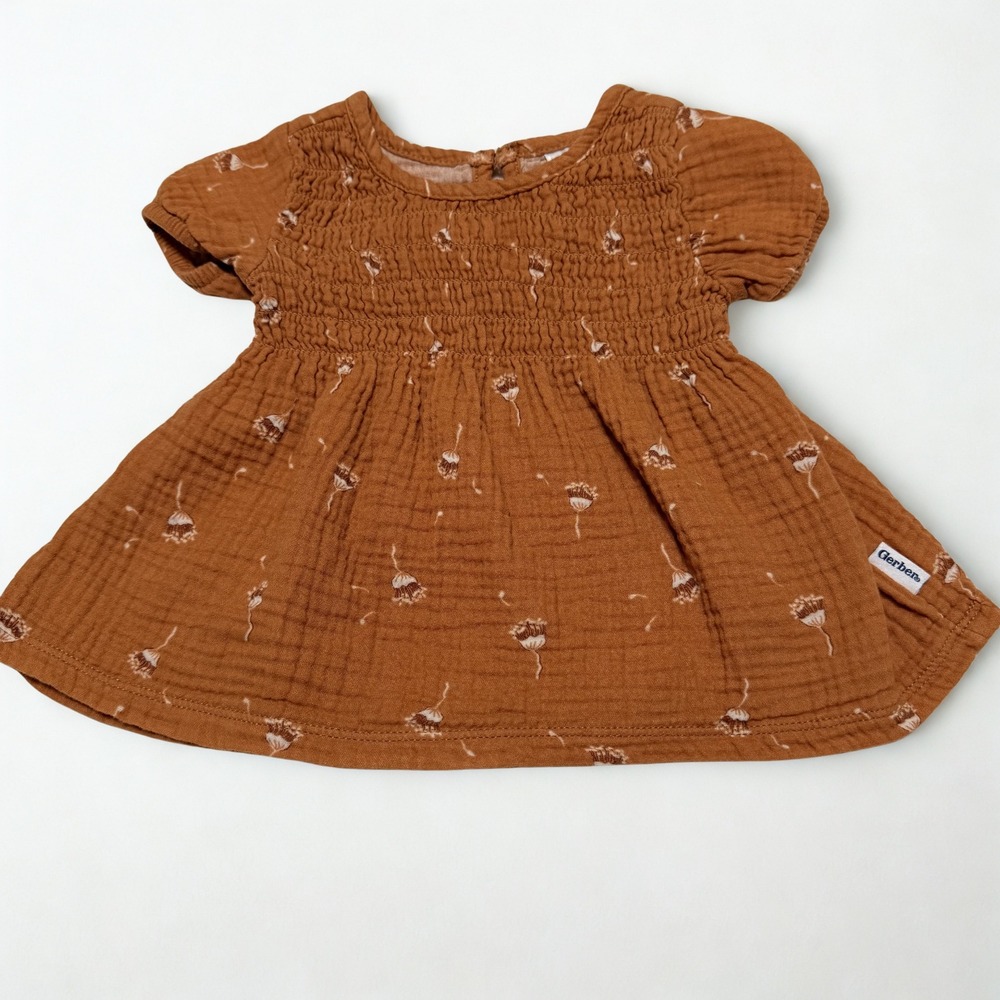 Gerber Just Born Baby Girl Rust Brown Floral Gauze Smocked Dress 3-6 Months